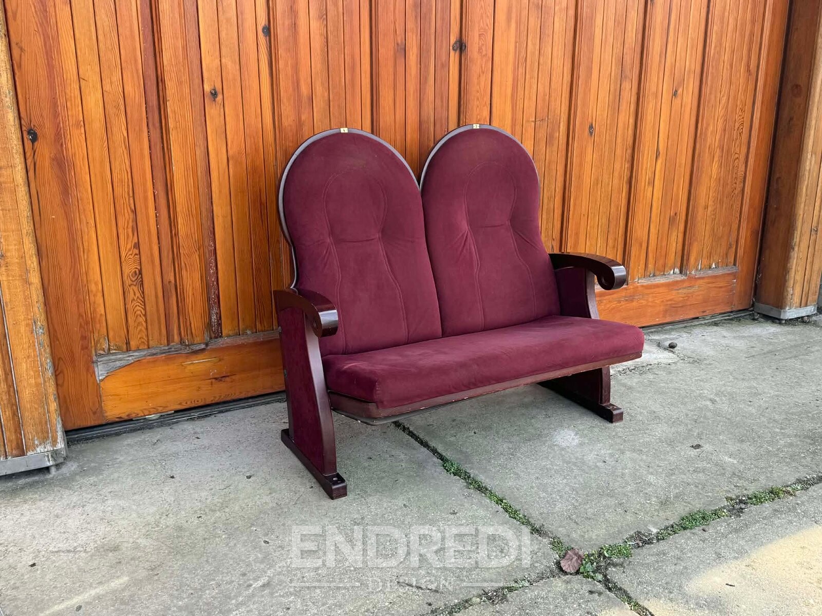 Vintage art deco kétszemélyes kanapé — bordó kárpit, 1970 - Image 3