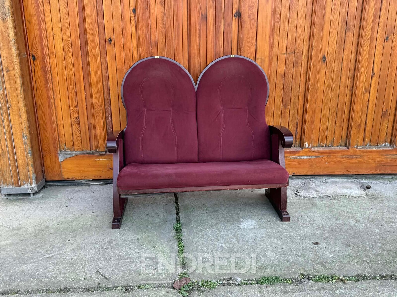 Vintage art deco kétszemélyes kanapé — bordó kárpit, 1970 - Image 4
