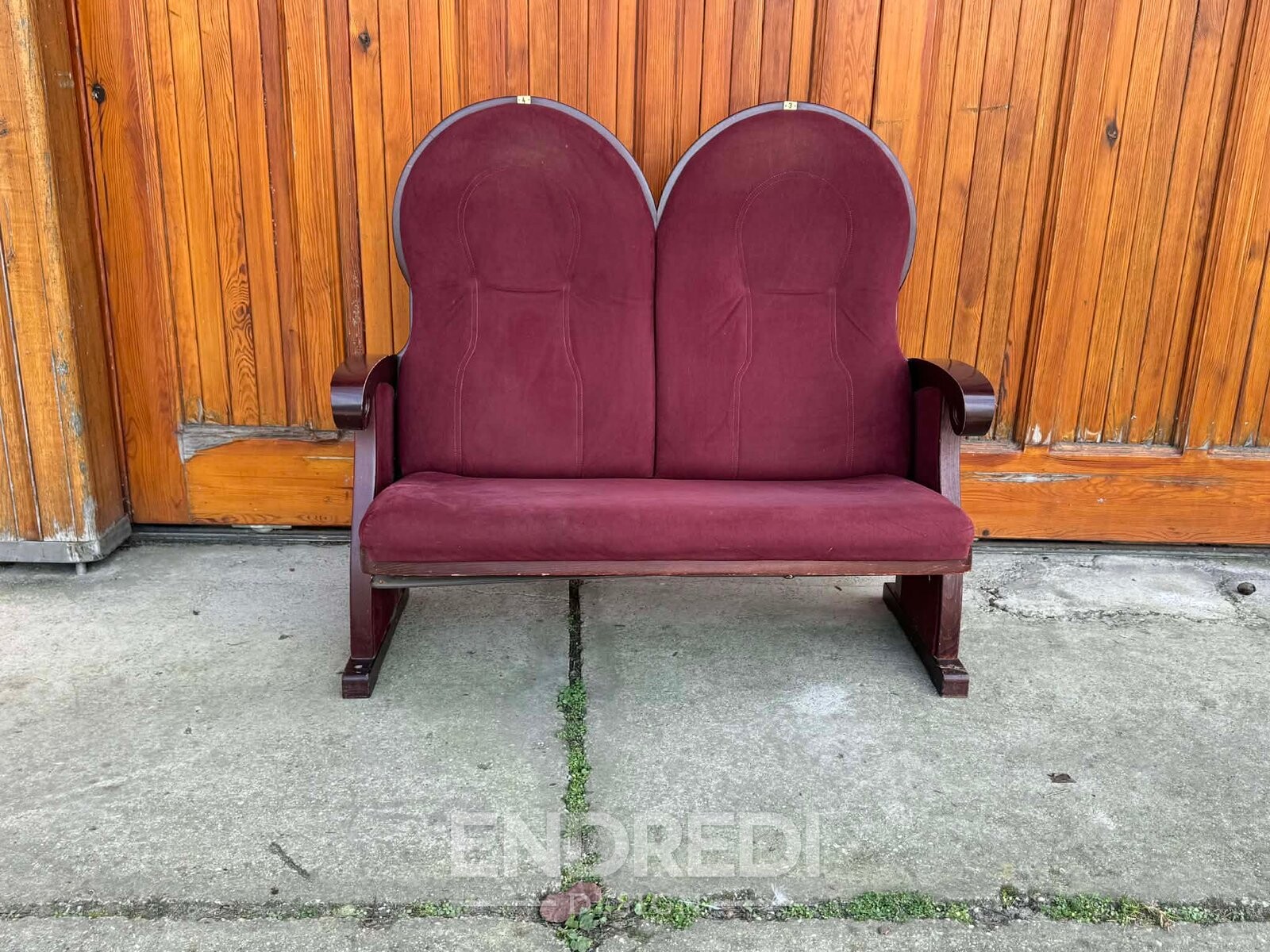 Vintage art deco kétszemélyes kanapé — bordó kárpit, 1970 - Image 5