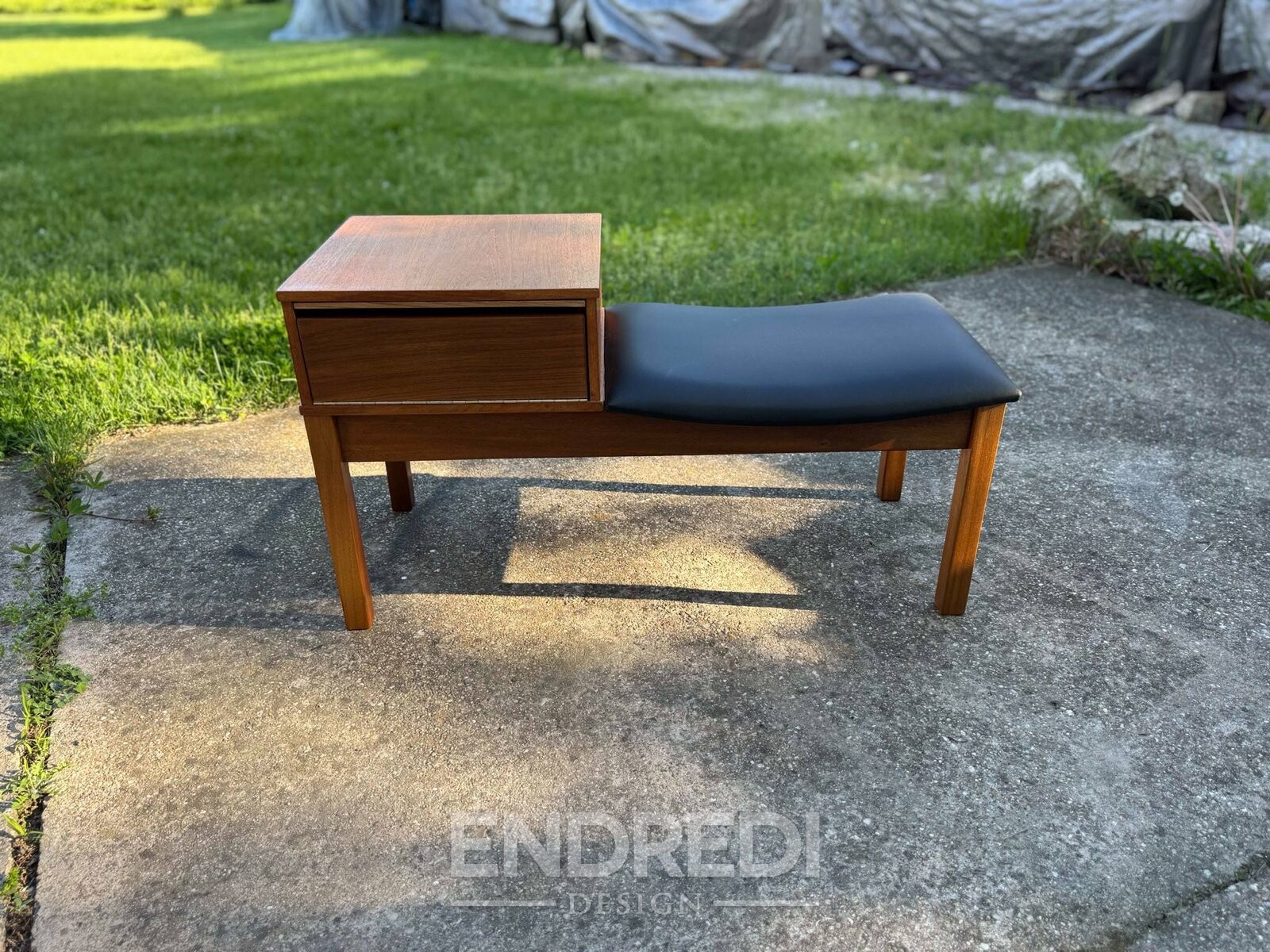 Vintage teak telefon pad — Vinyl ülőke, 1960-as évek - Image 2
