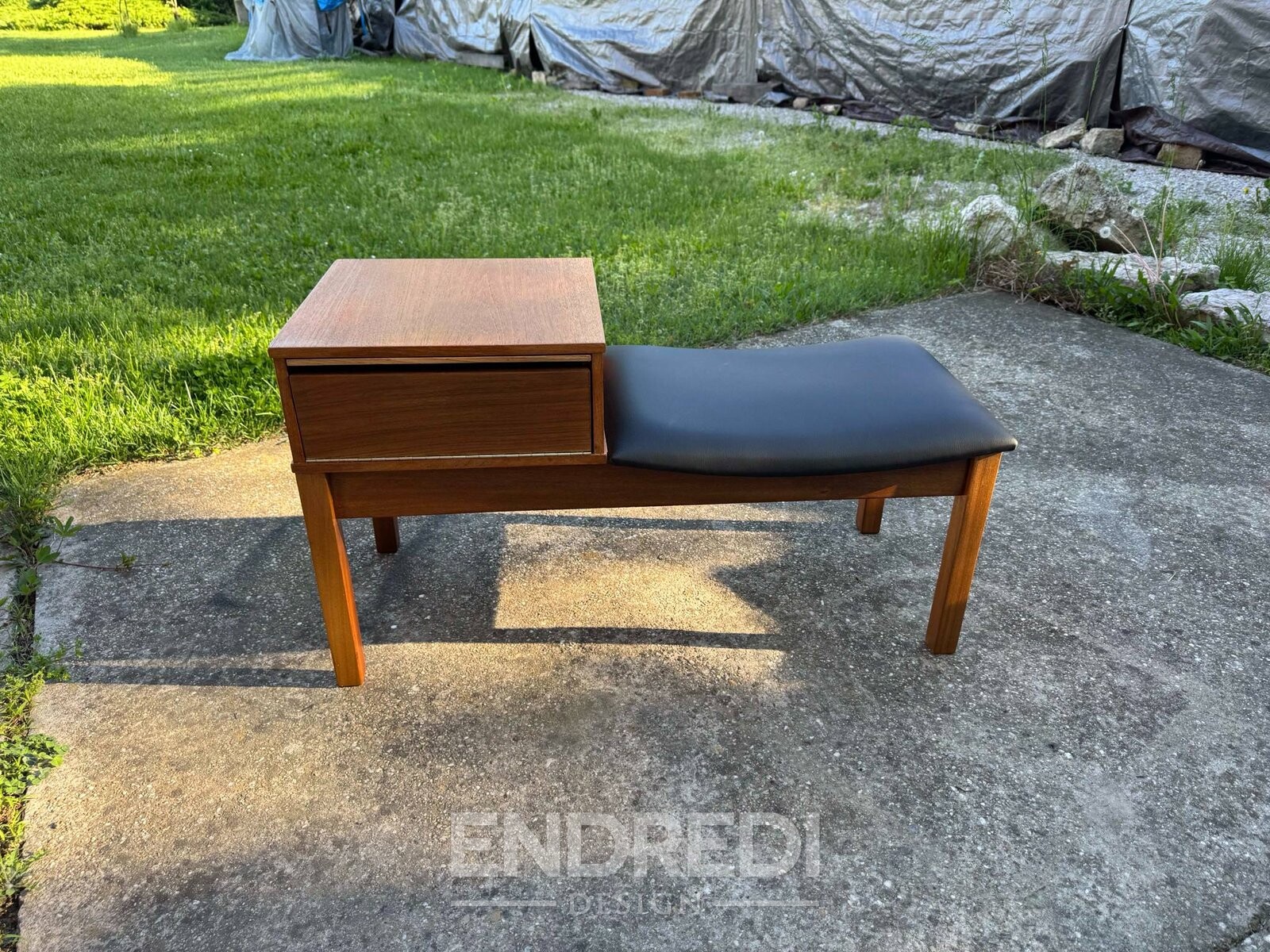 Vintage teak telefon pad — Vinyl ülőke, 1960-as évek - Image 4