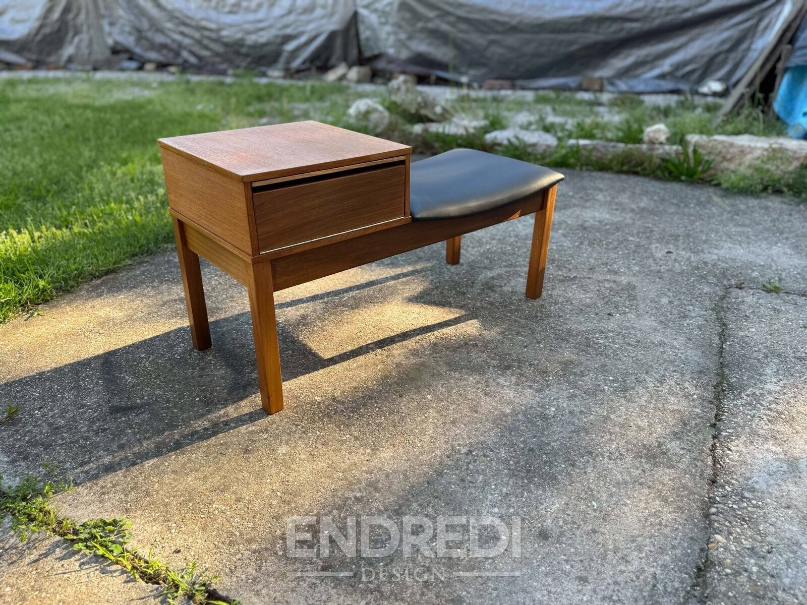 Vintage teak telefon pad — Vinyl ülőke, 1960-as évek - Image 5