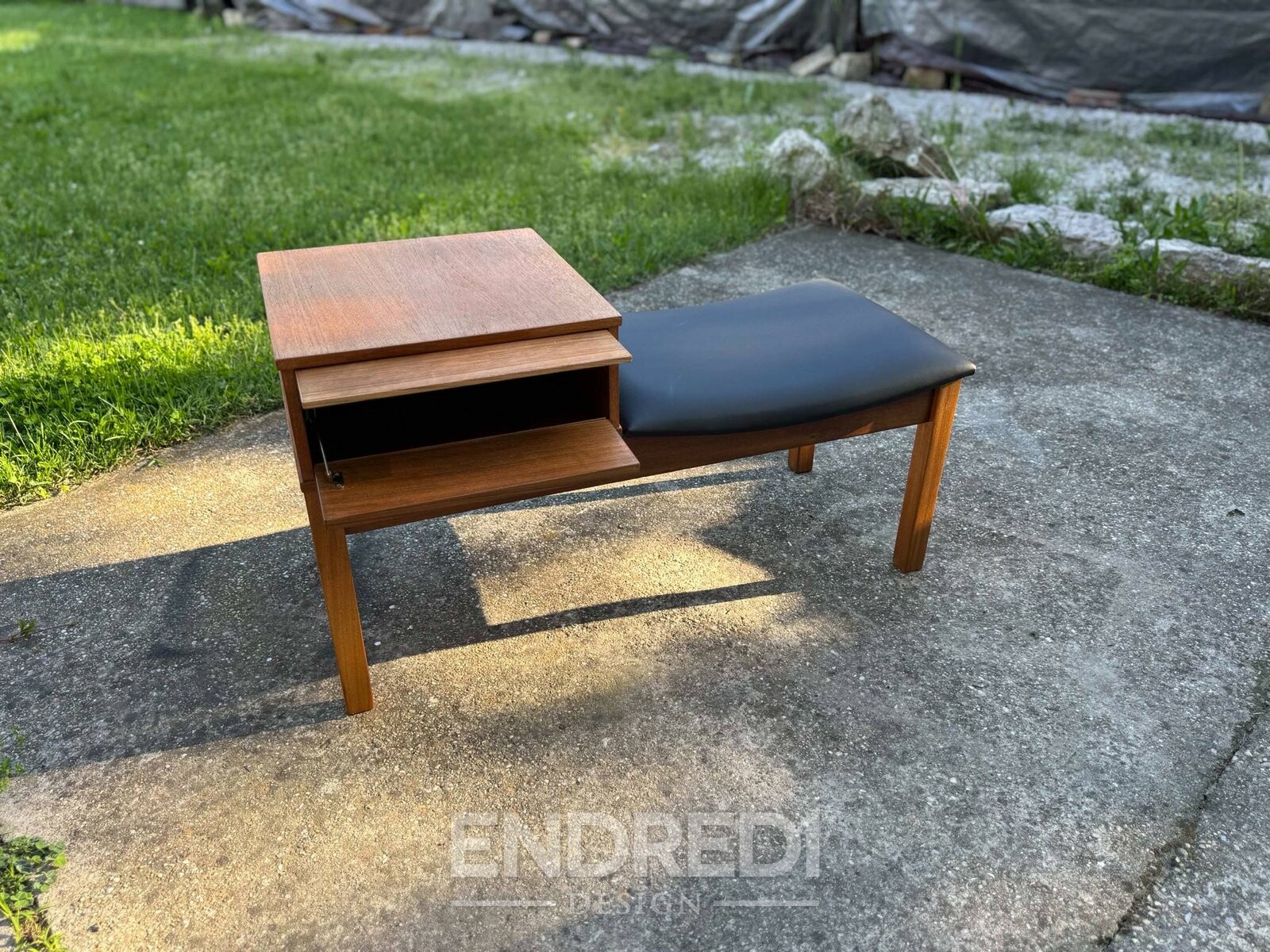 Vintage teak telefon pad — Vinyl ülőke, 1960-as évek - Image 7