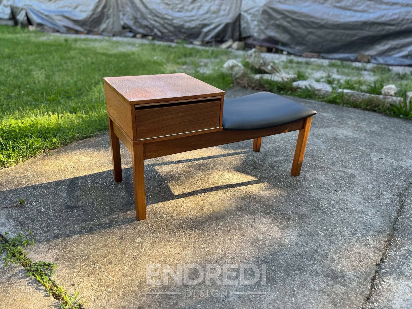 Vintage teak telefon pad — Vinyl ülőke, 1960-as évek - Image 8