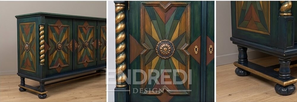 Kézműves kézzel festett kredenc — geometrikus csillag intarzia és aranyozott részletekkel - Image 4