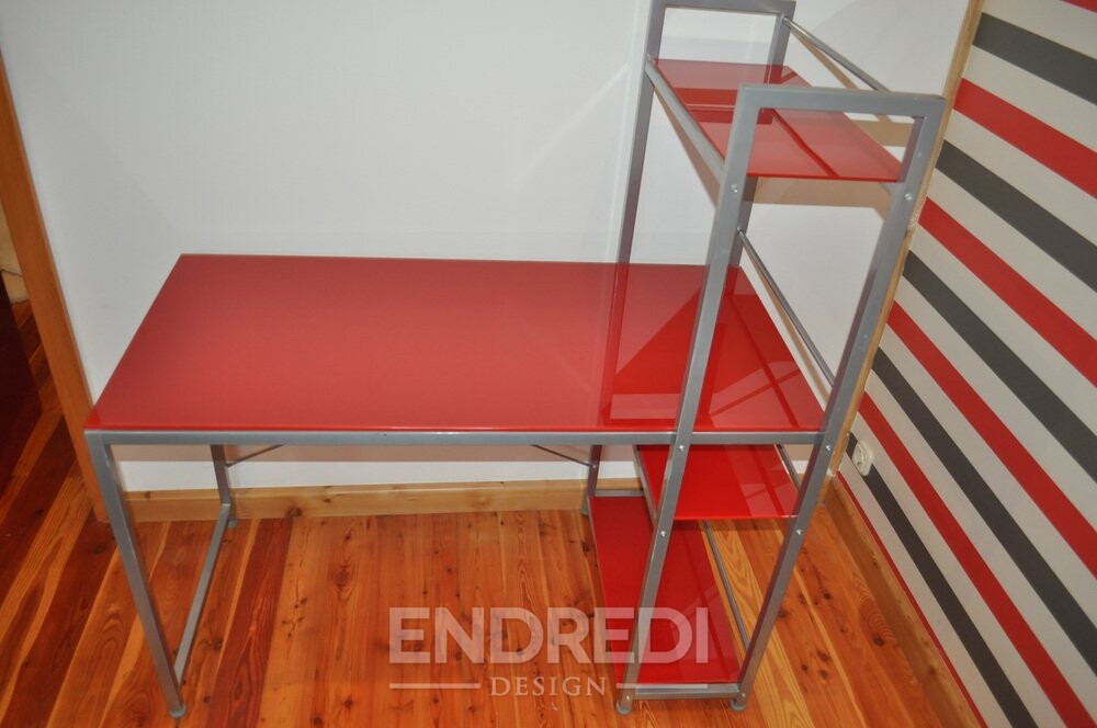 Bauhaus piros íróasztal, szék és fém szekrény, 3 darabos szett - Image 12