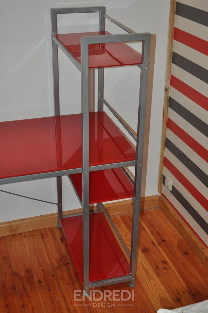 Bauhaus piros íróasztal, szék és fém szekrény, 3 darabos szett - Image 13
