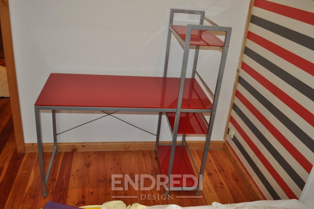 Bauhaus piros íróasztal, szék és fém szekrény, 3 darabos szett - Image 16