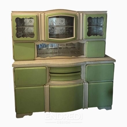 Magyar art deco zöld és krémszínű konyhaszekrény — üveg ajtós, 1940-as évek