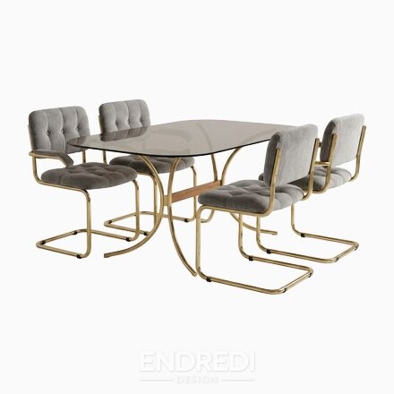 Olasz modern szürke gombozott szék és üveg asztal, 1970-as évek, 5 darabos szett