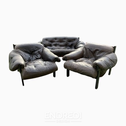 Mid-century barna gombozott bőr karosszék és puff stílusú Percival Lafer, 1960-as évek, 3 darabos szett