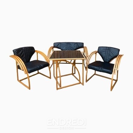Mid-century bőr kanapé, karosszék és asztal, 4 darabos szett