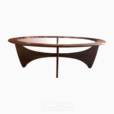 Ovális teak Astro dohányzóasztal — üveglap — Victor Wilkins — G-Plan, 1960-as évek