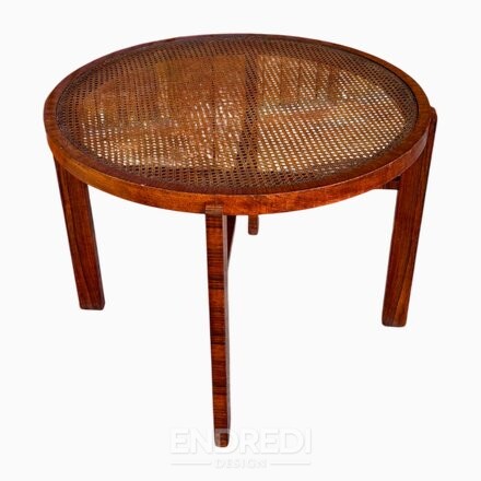 Vintage art deco kerek kisasztal — nád lap és dió fa keret, 1930-as évek